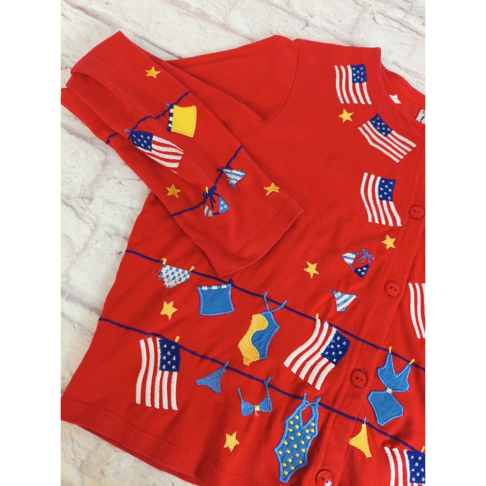 VTG Michael Simon SZ M Patriotic Cardigan USA Flag Bathing Suit Novelty Sweater - Picture 6 of 9